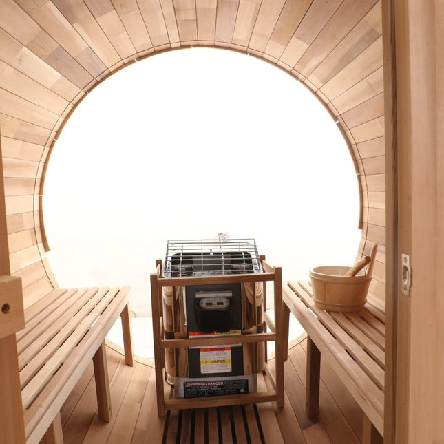 Blisspod, Prague, Canadian Red Cedar Outdoor Steam Barell Sauna, 2 - 4 / 4 - 6 persons with Full Glass Back & 2 front Porch seats - Saunas | Patioza