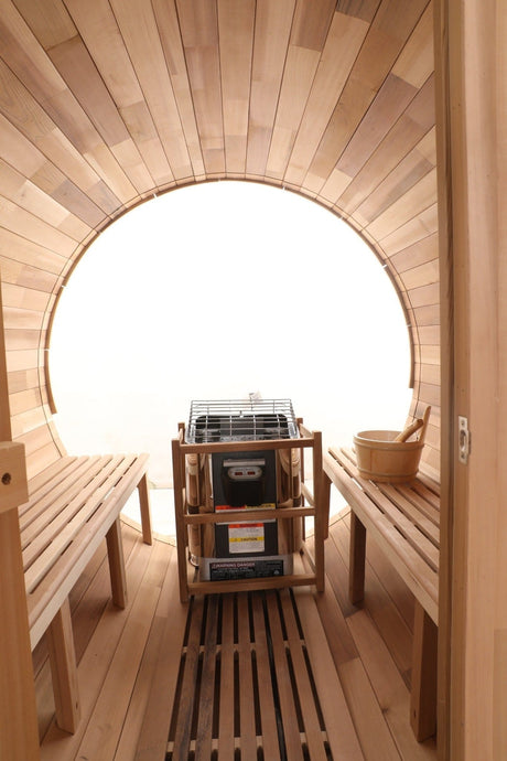 Blisspod, Prague, Canadian Red Cedar Outdoor Steam Barell Sauna, 2 - 4 / 4 - 6 persons with Full Glass Back & 2 front Porch seats - Saunas | Patioza