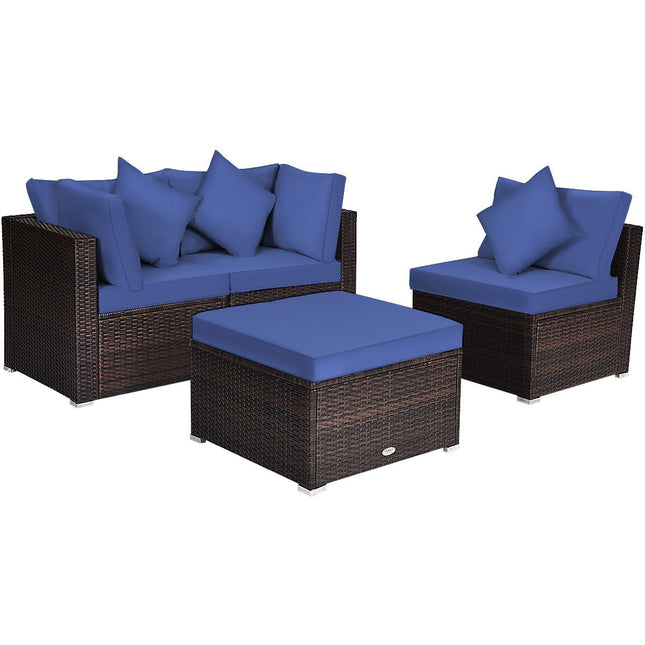 4 Pieces Ottoman Garden Patio Rattan Wicker Furniture Set with Cushion - Navy - Patio Furniture | Patioza