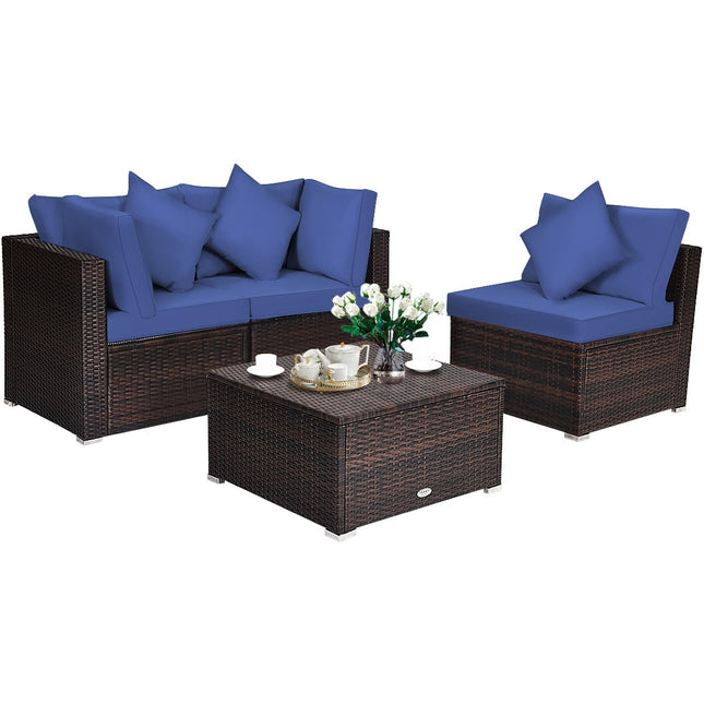 4 Pieces Ottoman Garden Patio Rattan Wicker Furniture Set with Cushion - Navy - Patio Furniture | Patioza