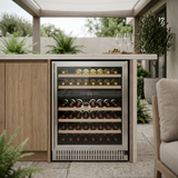Dual-zone wine cooler integrated into a sheltered outdoor lounge bar