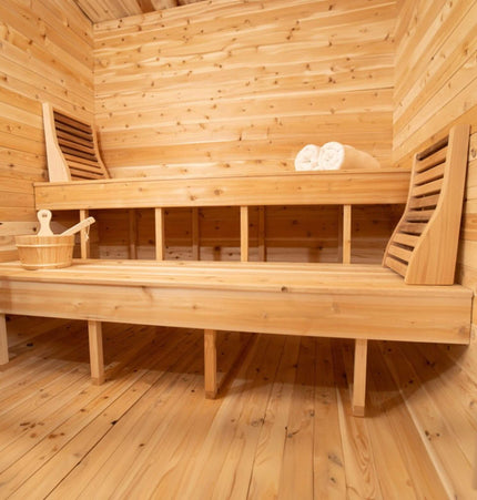 Dundalk Leisurecraft 4 - Person Canadian Timber Luna Cube Sauna With Sloped Roof And Front Window [CTC22LU] (SAK96475) - Outdoor Saunas | Patioza