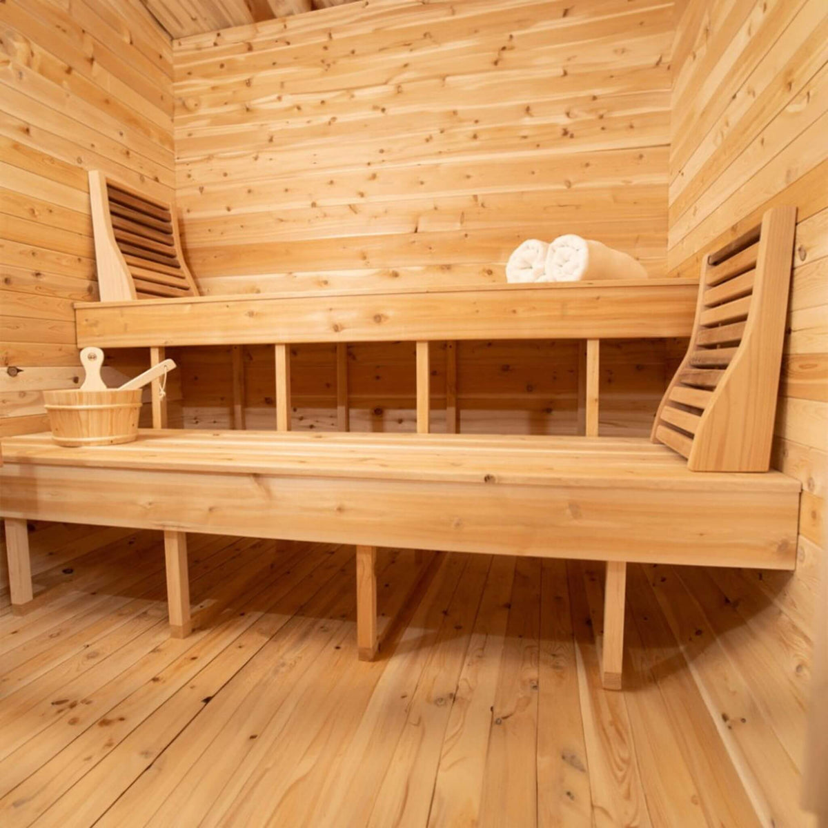 Dundalk Leisurecraft 4 - Person Canadian Timber Luna Cube Sauna With Sloped Roof And Front Window [CTC22LU] (SAK96475) - Outdoor Saunas | Patioza
