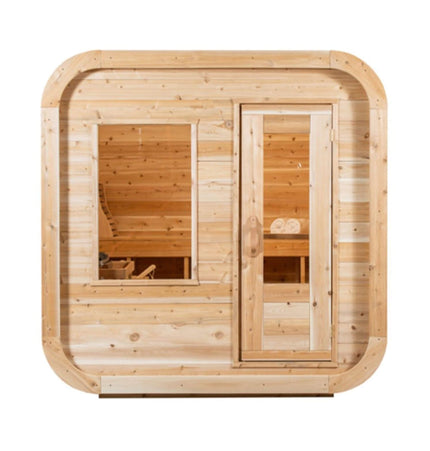 Dundalk Leisurecraft 4 - Person Canadian Timber Luna Cube Sauna With Sloped Roof And Front Window [CTC22LU] (SAK96475) - Outdoor Saunas | Patioza