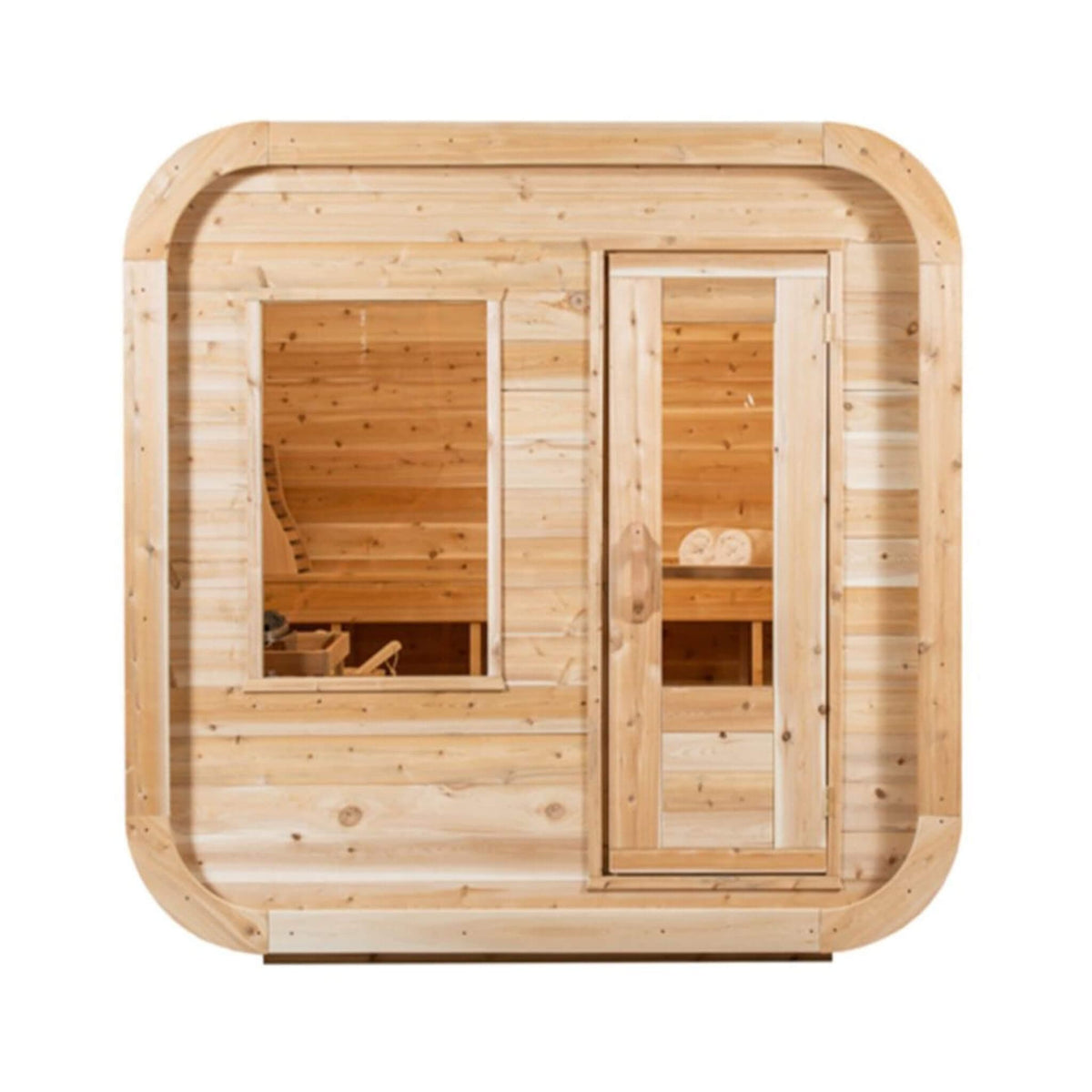 Dundalk Leisurecraft 4 - Person Canadian Timber Luna Cube Sauna With Sloped Roof And Front Window [CTC22LU] (SAK96475) - Outdoor Saunas | Patioza