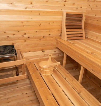 Dundalk Leisurecraft 4 - Person Canadian Timber Luna Cube Sauna With Sloped Roof And Front Window [CTC22LU] (SAK96475) - Outdoor Saunas | Patioza