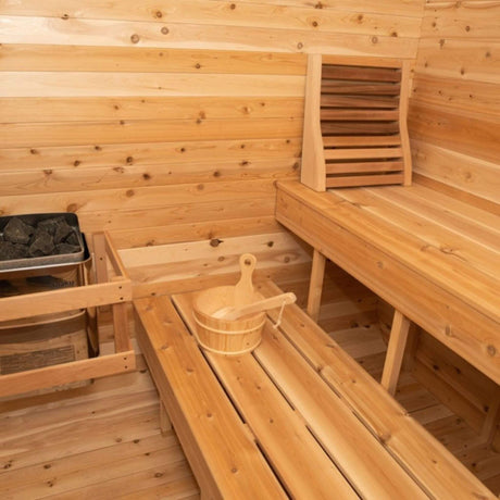 Dundalk Leisurecraft 4 - Person Canadian Timber Luna Cube Sauna With Sloped Roof And Front Window [CTC22LU] (SAK96475) - Outdoor Saunas | Patioza