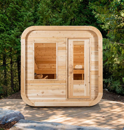 Dundalk Leisurecraft 4 - Person Canadian Timber Luna Cube Sauna With Sloped Roof And Front Window [CTC22LU] (SAK96475) - Outdoor Saunas | Patioza