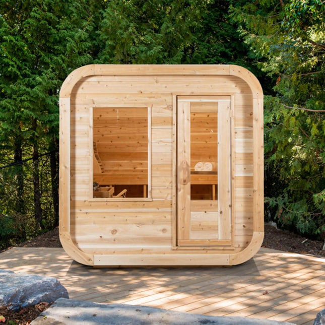 Dundalk Leisurecraft 4 - Person Canadian Timber Luna Cube Sauna With Sloped Roof And Front Window [CTC22LU] (SAK96475) - Outdoor Saunas | Patioza