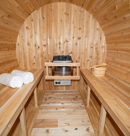 Dundalk Leisurecraft 4 - Person Canadian Timber Serenity Barrel Sauna With Solid Wood Benches [CTC2245W] (SAK94862) - Outdoor Saunas | Patioza
