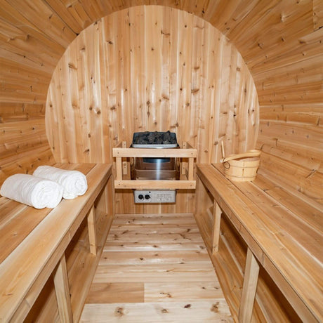 Dundalk Leisurecraft 4 - Person Canadian Timber Serenity Barrel Sauna With Solid Wood Benches [CTC2245W] (SAK94862) - Outdoor Saunas | Patioza