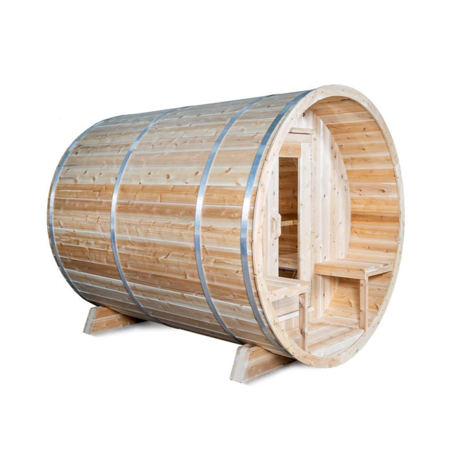 Dundalk Leisurecraft 4 - Person Canadian Timber Serenity Barrel Sauna With Solid Wood Benches [CTC2245W] (SAK94862) - Outdoor Saunas | Patioza