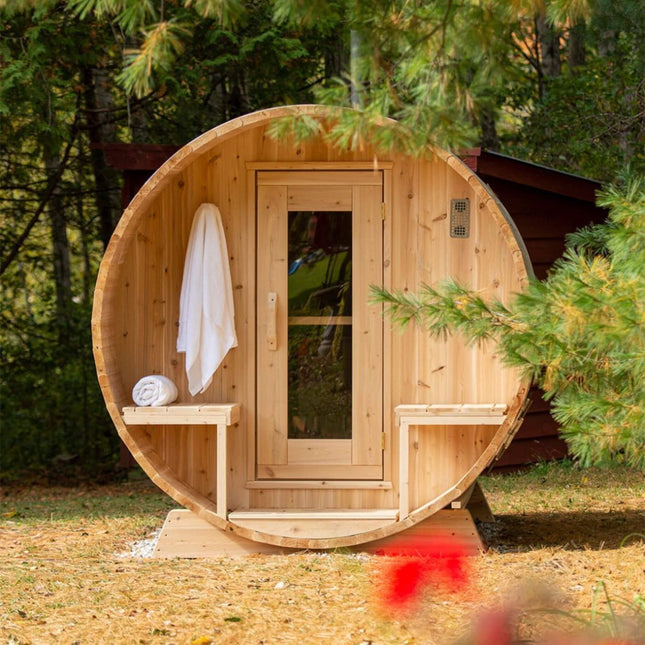 Dundalk Leisurecraft 4 - Person Canadian Timber Serenity Barrel Sauna With Solid Wood Benches [CTC2245W] (SAK94862) - Outdoor Saunas | Patioza