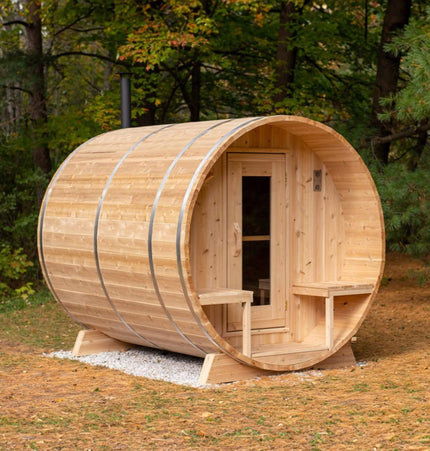 Dundalk Leisurecraft 4 - Person Canadian Timber Serenity Barrel Sauna With Solid Wood Benches [CTC2245W] (SAK94862) - Outdoor Saunas | Patioza