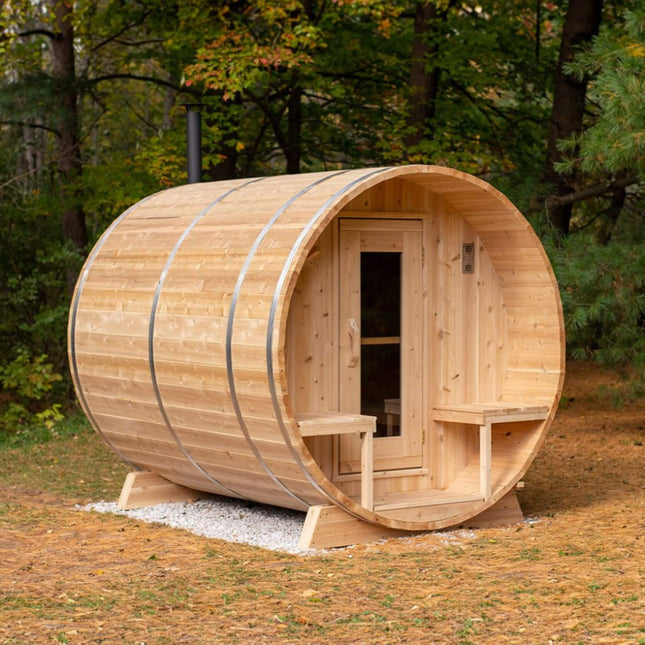 Dundalk Leisurecraft 4 - Person Canadian Timber Serenity Barrel Sauna With Solid Wood Benches [CTC2245W] (SAK94862) - Outdoor Saunas | Patioza