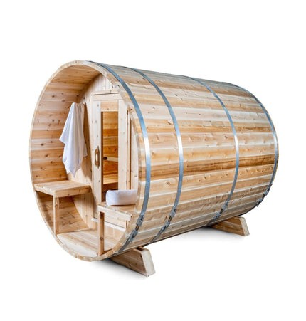 Dundalk Leisurecraft 4 - Person Canadian Timber Serenity Barrel Sauna With Solid Wood Benches [CTC2245W] (SAK94862) - Outdoor Saunas | Patioza