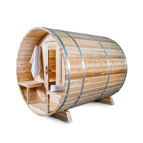 Dundalk Leisurecraft 4 - Person Canadian Timber Serenity Barrel Sauna With Solid Wood Benches [CTC2245W] (SAK94862) - Outdoor Saunas | Patioza