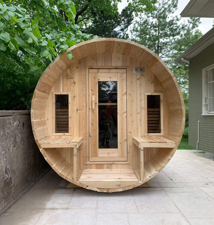 Dundalk Leisurecraft 6 - Person Canadian Timber Tranquility Barrel Sauna With Front Porch [CTC2345W] (SAK96814) - Outdoor Saunas | Patioza