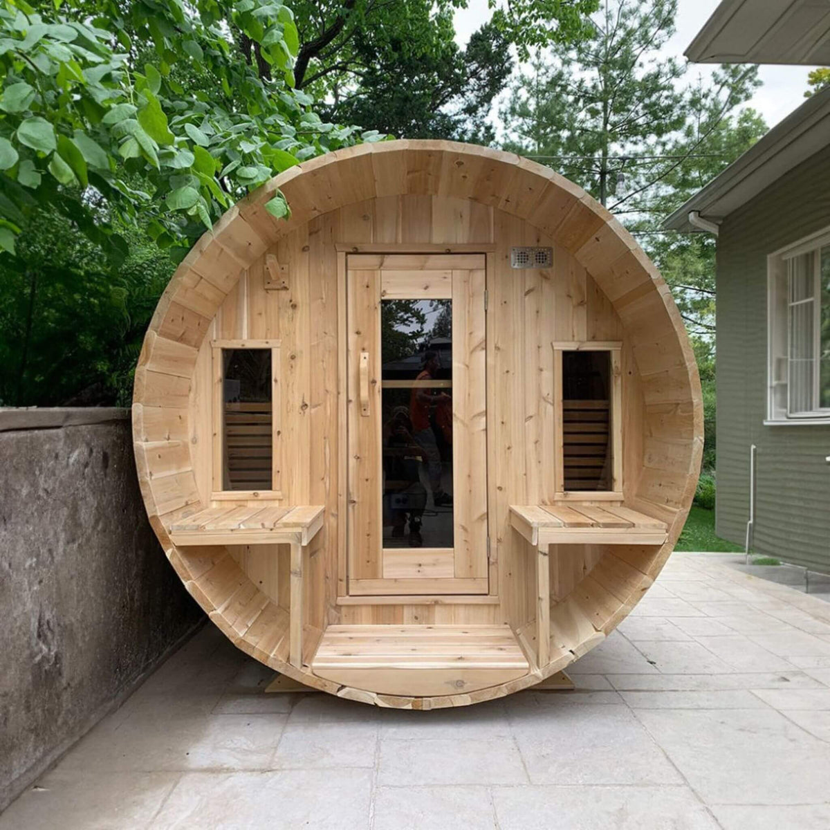 Dundalk Leisurecraft 6 - Person Canadian Timber Tranquility Barrel Sauna With Front Porch [CTC2345W] (SAK96814) - Outdoor Saunas | Patioza