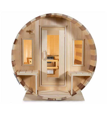 Dundalk Leisurecraft 6 - Person Canadian Timber Tranquility Barrel Sauna With Front Porch [CTC2345W] (SAK96814) - Outdoor Saunas | Patioza