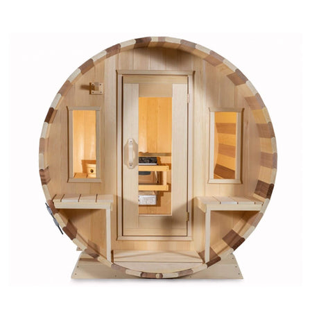Dundalk Leisurecraft 6 - Person Canadian Timber Tranquility Barrel Sauna With Front Porch [CTC2345W] (SAK96814) - Outdoor Saunas | Patioza