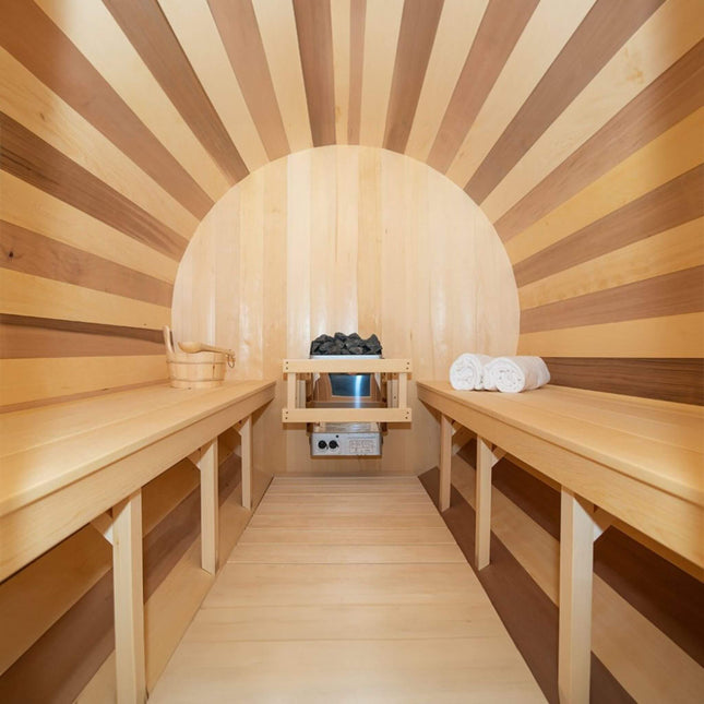 Dundalk Leisurecraft 6 - Person Canadian Timber Tranquility Barrel Sauna With Front Porch [CTC2345W] (SAK96814) - Outdoor Saunas | Patioza