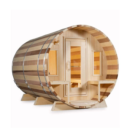Dundalk Leisurecraft 6 - Person Canadian Timber Tranquility Barrel Sauna With Front Porch [CTC2345W] (SAK96814) - Outdoor Saunas | Patioza