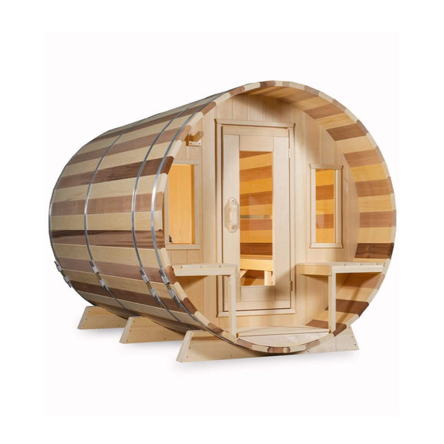 Dundalk Leisurecraft 6 - Person Canadian Timber Tranquility Barrel Sauna With Front Porch [CTC2345W] (SAK96814) - Outdoor Saunas | Patioza
