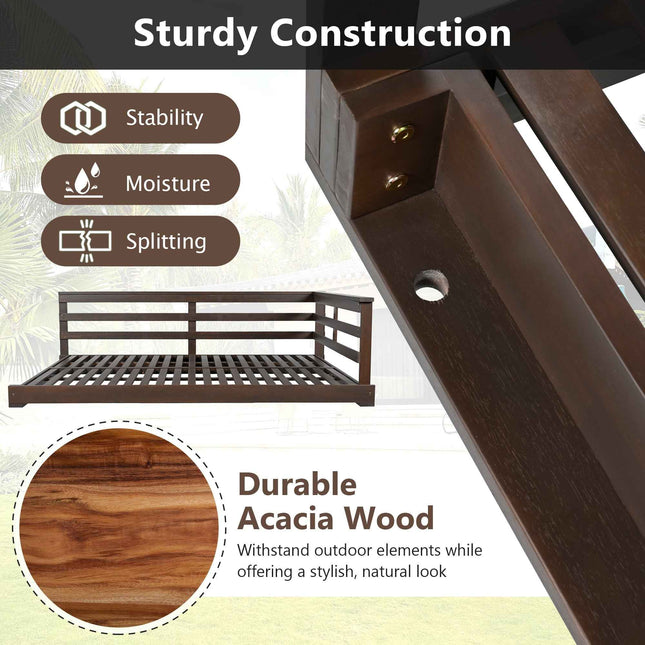 Acacia Wood Porch Swing Bed for Outdoor with Hemp Ropes - Full Size - Garden | Patioza