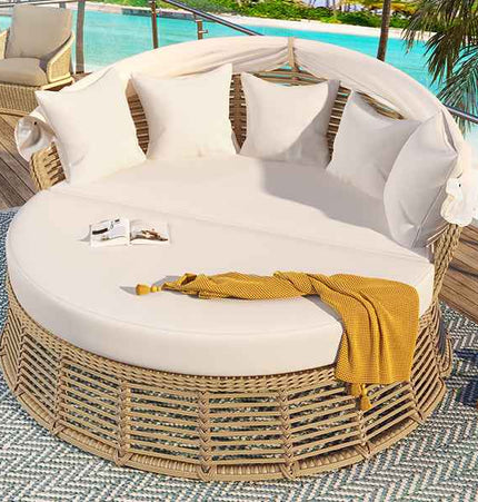 Outdoor Patio Rattan Round Daybed with Retractable Canopy, Wicker - Furniture | Patioza