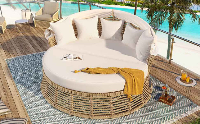 Outdoor Patio Rattan Round Daybed with Retractable Canopy, Wicker - Furniture | Patioza