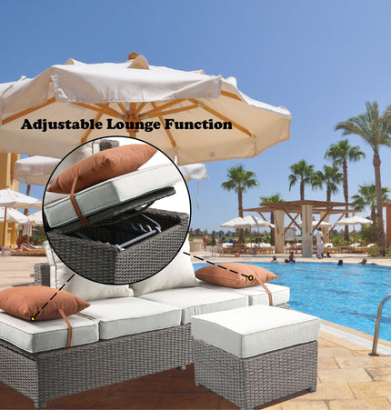 Salena - All Weather Wicker Patio Sofa & Ottoman With 2 Toss Pillows - Beige / Gray - 2 Piece Outdoor Sets | Patioza