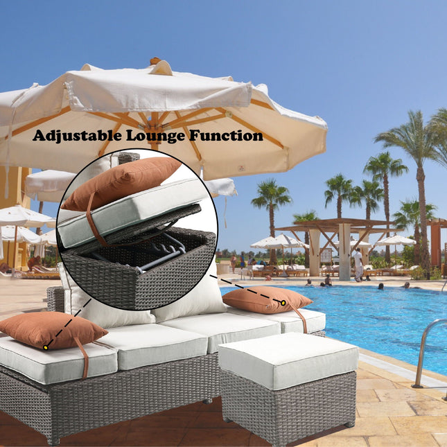 Salena - All Weather Wicker Patio Sofa & Ottoman With 2 Toss Pillows - Beige / Gray - 2 Piece Outdoor Sets | Patioza