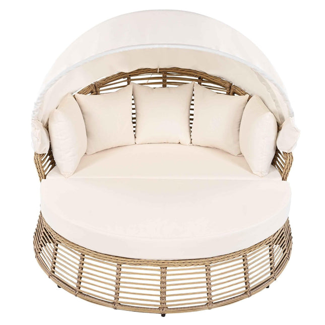 Outdoor Patio Rattan Round Daybed with Retractable Canopy, Wicker - Furniture | Patioza