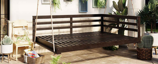 Acacia Wood Porch Swing Bed for Outdoor with Hemp Ropes - Full Size - Garden | Patioza