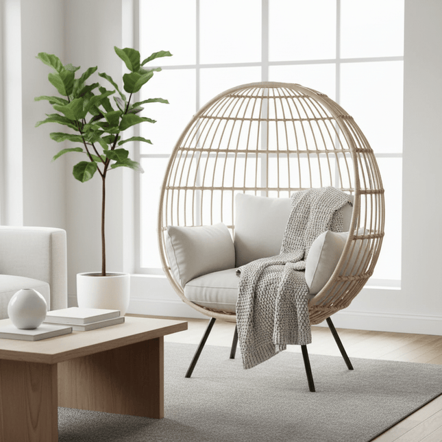 Oversized Patio Lounger Indoor/Outdoor Wicker Egg Chair Off White - Patio Furniture | Patioza