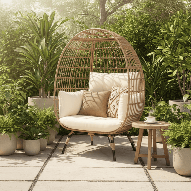 Oversized Patio Lounger Indoor/Outdoor Wicker Egg Chair Off White - Patio Furniture | Patioza