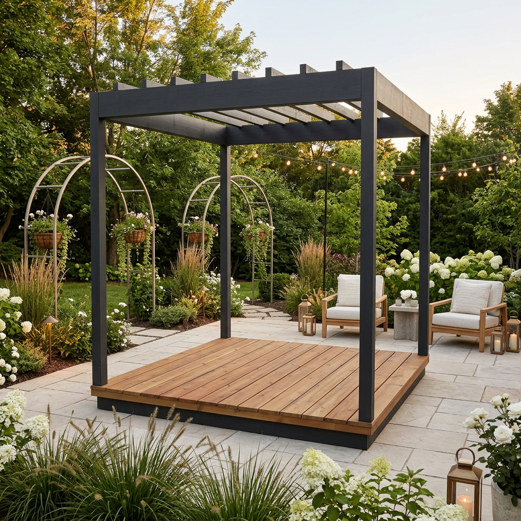 Elegant pergola garden sanctuary with warm lighting, garden arches, hanging plants, and a complementary seating area