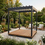 Elegant pergola garden sanctuary with warm lighting, garden arches, hanging plants, and a complementary seating area