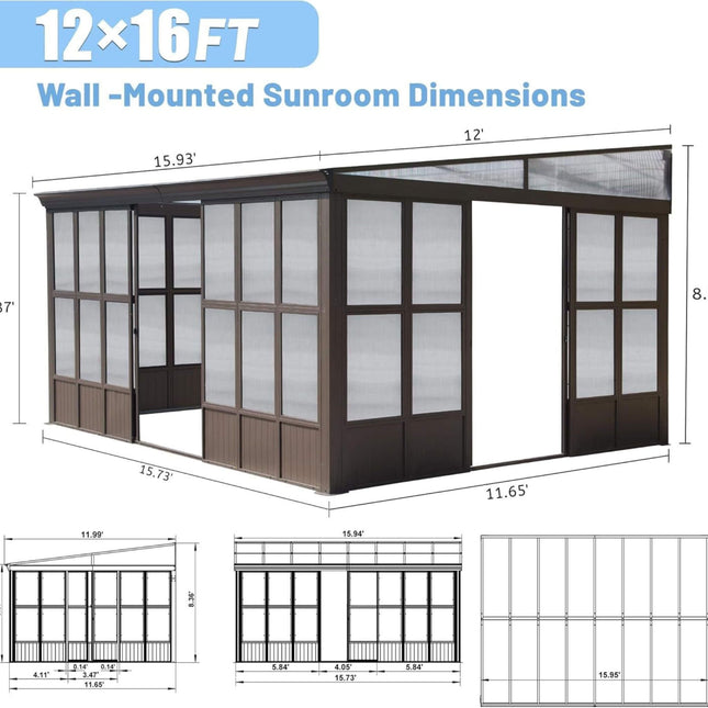 Alora Horizon 12x16 Ft. Extra-Large Heavy-Duty All-Season Sunroom with Sliding Doors and Polycarbonate Windows