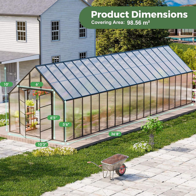 10x36 Ft. Extra-Large Heavy-Duty Outdoor Walk-In Greenhouse with Adjustable Roof Vents