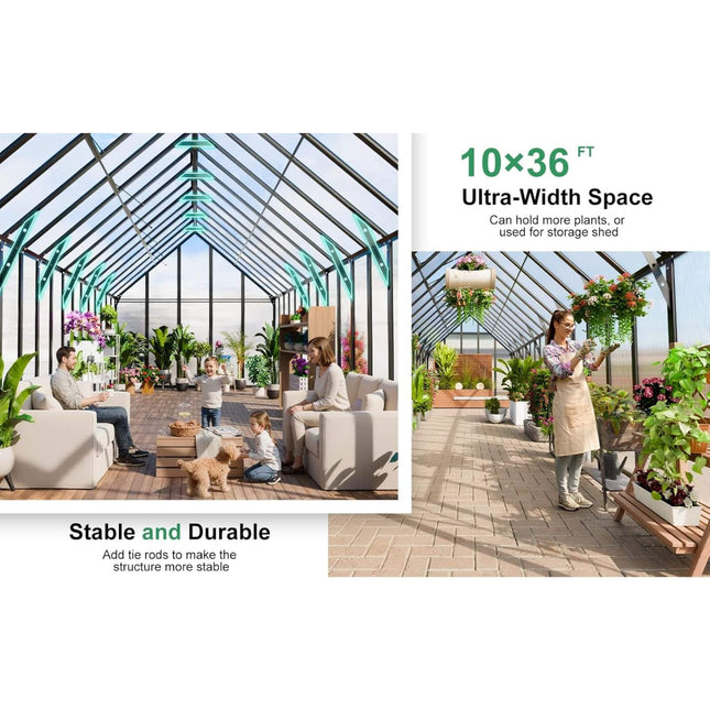 10x36 Ft. Extra-Large Heavy-Duty Outdoor Walk-In Greenhouse with Adjustable Roof Vents