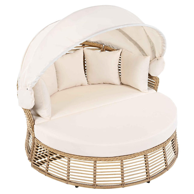 Outdoor Patio Rattan Round Daybed with Retractable Canopy, Wicker - Furniture | Patioza
