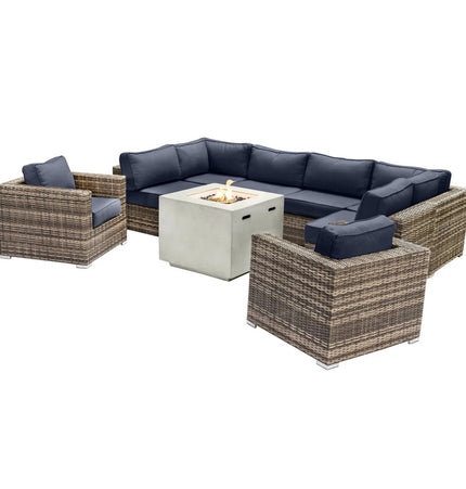Premium 6 Person Wicker Patio Seating Group With Deep Cushions And Concrete Fire Pit - Gray Mix