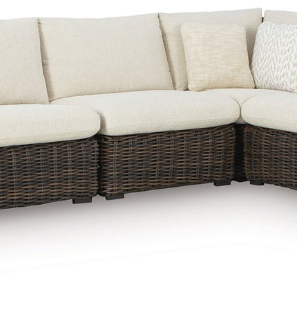 Kimora - 7 Pc. - 4-Piece Outdoor Sectional, Swivel Glider Lounge, Cocktail Table, End Table - Beige / Dark Brown - 7 Piece Outdoor Sets | Patioza