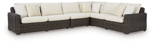 Kimora - 7 Pc. - 4-Piece Outdoor Sectional, Swivel Glider Lounge, Cocktail Table, End Table - Beige / Dark Brown - 7 Piece Outdoor Sets | Patioza