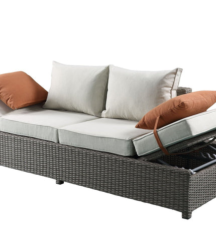 Salena - All Weather Wicker Patio Sofa & Ottoman With 2 Toss Pillows - Beige / Gray - 2 Piece Outdoor Sets | Patioza