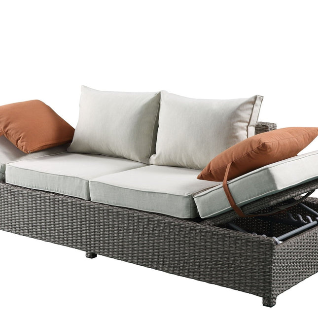 Salena - All Weather Wicker Patio Sofa & Ottoman With 2 Toss Pillows - Beige / Gray - 2 Piece Outdoor Sets | Patioza
