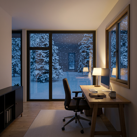 Front study overlooking falling snow