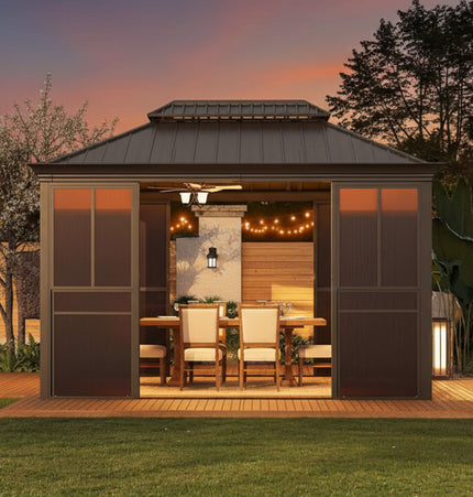 Alora Terrace Fully - Enclosed Outdoor Black Sunroom With Lockable Sliding Doors And Galvanized Double Steel Roof (SAK81634) - Sunrooms | Patioza